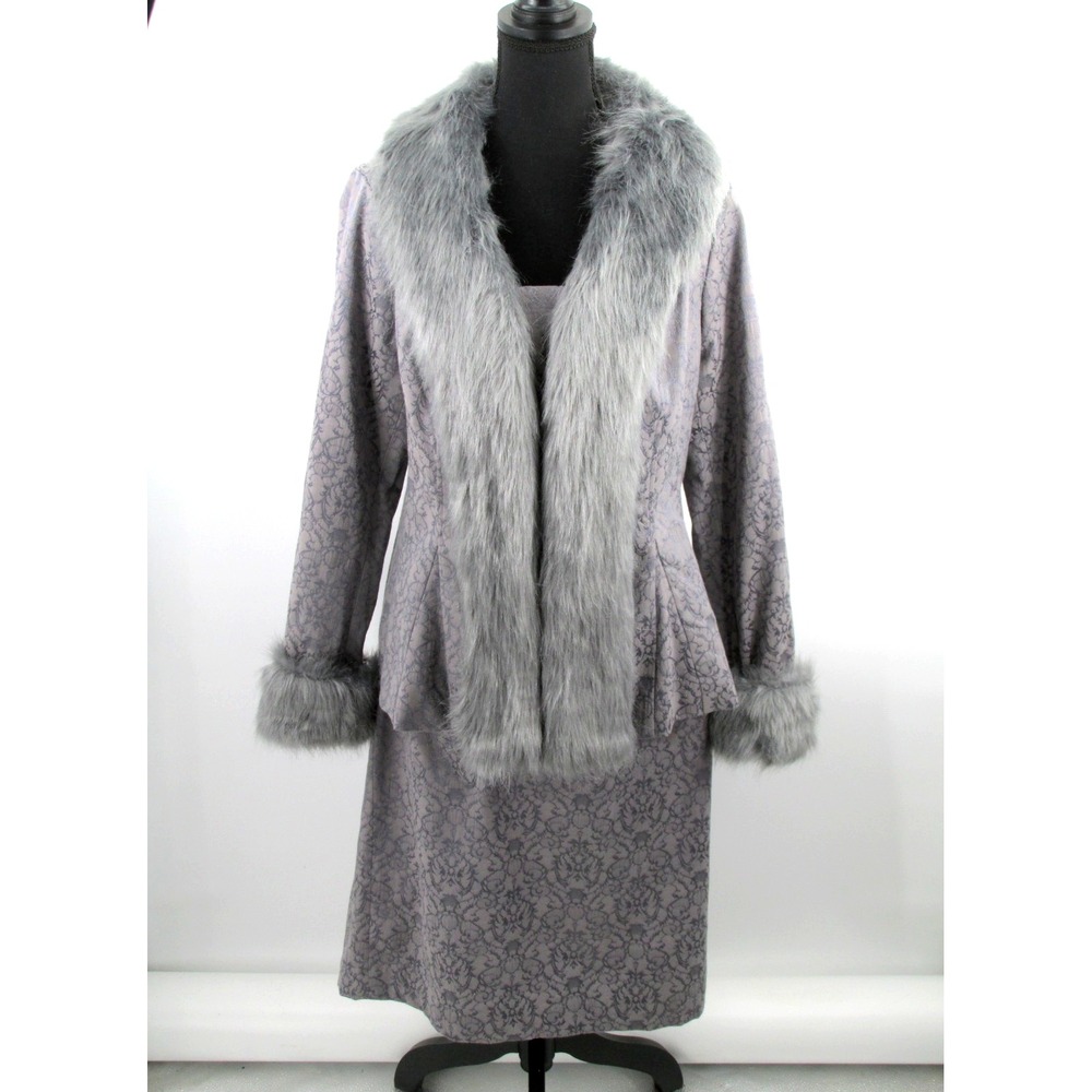 Midnight Velvet Gray Faux Fur Trim Blazer & Skirt Suit Women 14 Old Money Style